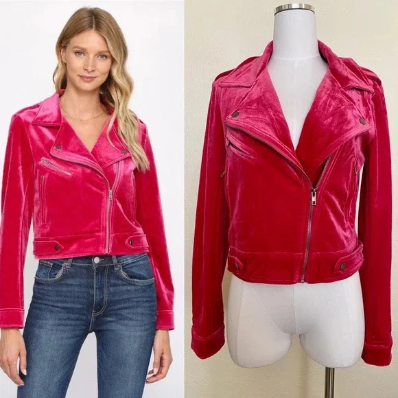 NWT Fate Tiff Magenta Velvet Moto Jacket, Small - Picture 3 of 7
